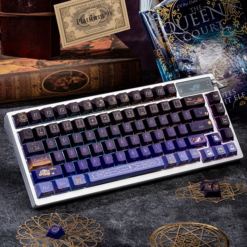 Detail shot of side-printed legends on Magical Girl keycaps, glowing with internal RGB light