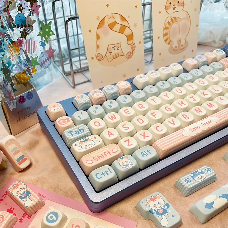 Close-up of Milk Candy Bunny PBT keycaps with pastel colors