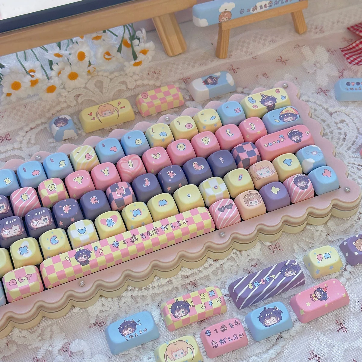 Ergonomic MOA profile keycaps on a mechanical keyboard, highlighting uniform height