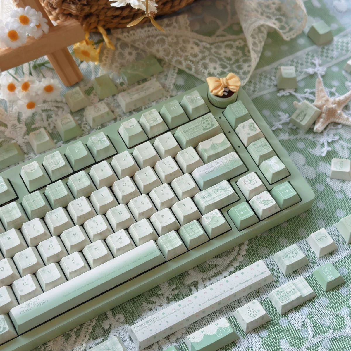 Detailed view of a single moss-themed keycap texture