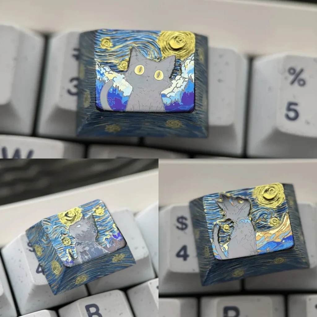 Mystical Cat Titanium Artisan Keycap on a mechanical keyboard, showing celestial design
