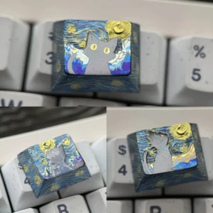 Mystical Cat Titanium Artisan Keycap on a mechanical keyboard, showing celestial design