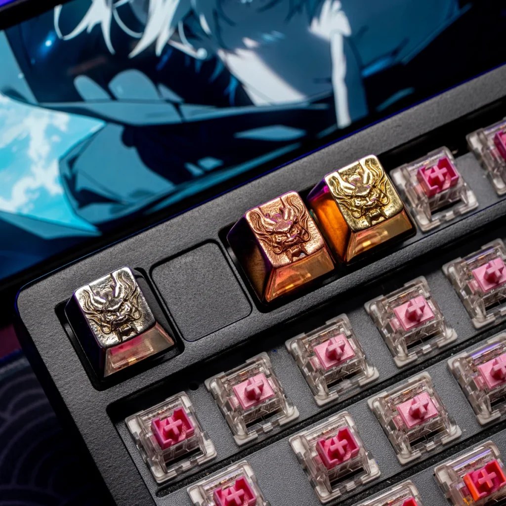 Close-up of a handcrafted Mythical Dragon Keycap on a mechanical keyboard.