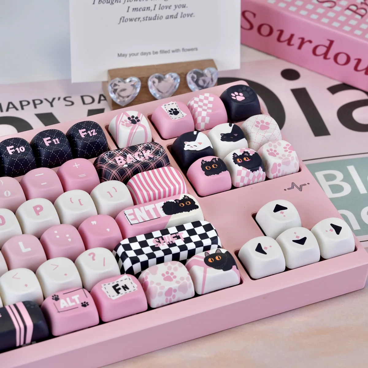 Detail shot of PBT material and fade-resistant print of Naughty Cat keycaps