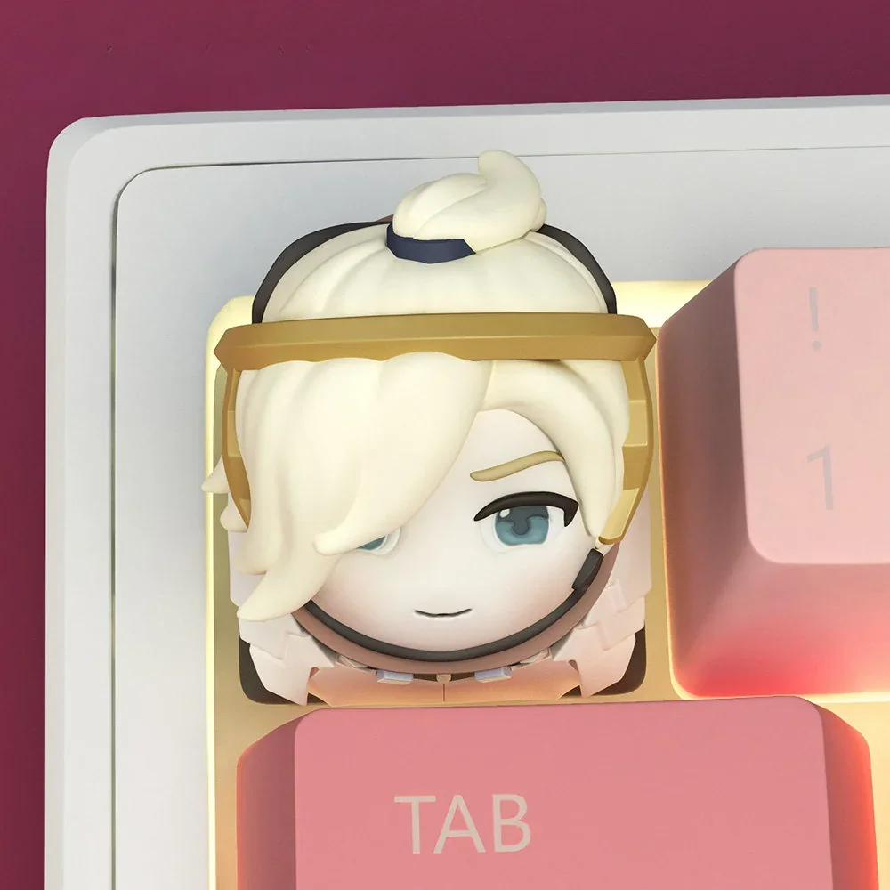 Overwatch Mercy artisan keycap on a mechanical keyboard with RGB lighting