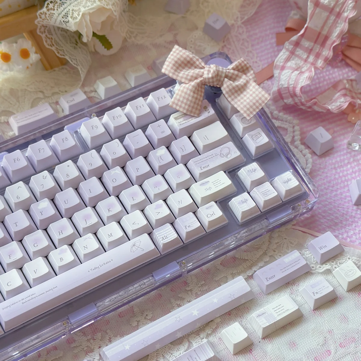 Detail shot of the Today's Rain PBT keycaps' texture and profile, emphasizing durability and comfort.