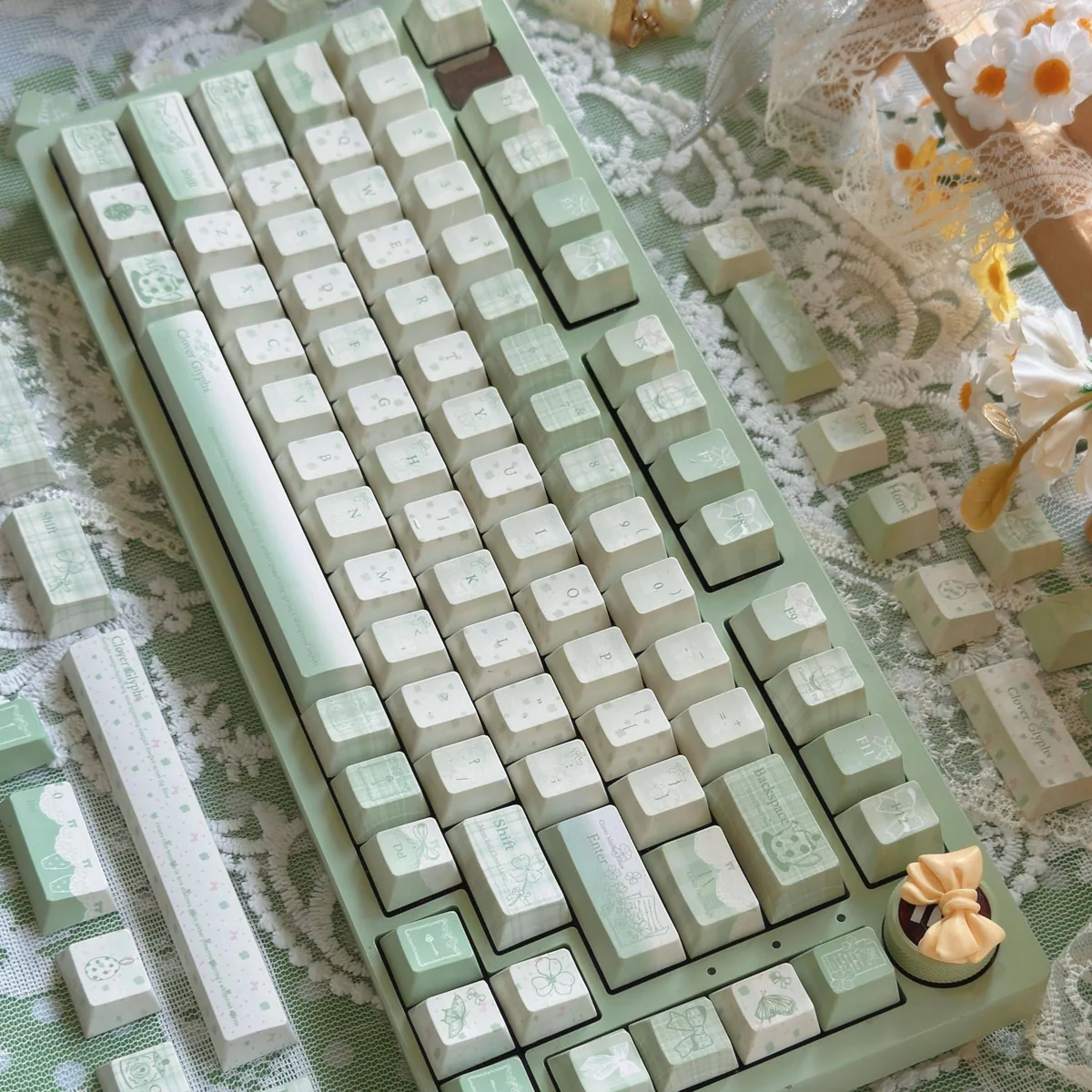Close-up of PBT dye-sublimated keycaps with moss green legends