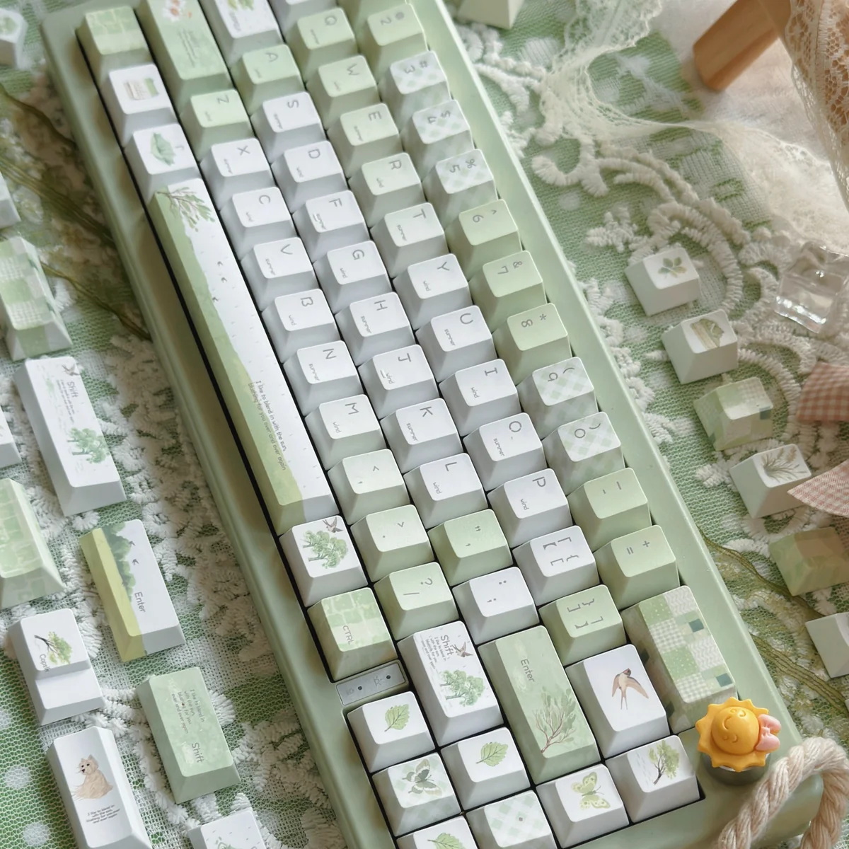 Detail shot of PBT keycap texture and crisp legends from the Summer Rain set.