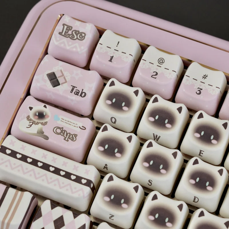 Close-up view of a Pink Siamese Cat keycap, highlighting the detailed dye-sublimated feline illustration.