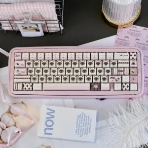 Full Pink Siamese Cat PBT Keycap Set arranged on a white background, showcasing all 130 keys.