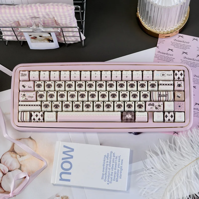 Full Pink Siamese Cat PBT Keycap Set arranged on a white background, showcasing all 130 keys.