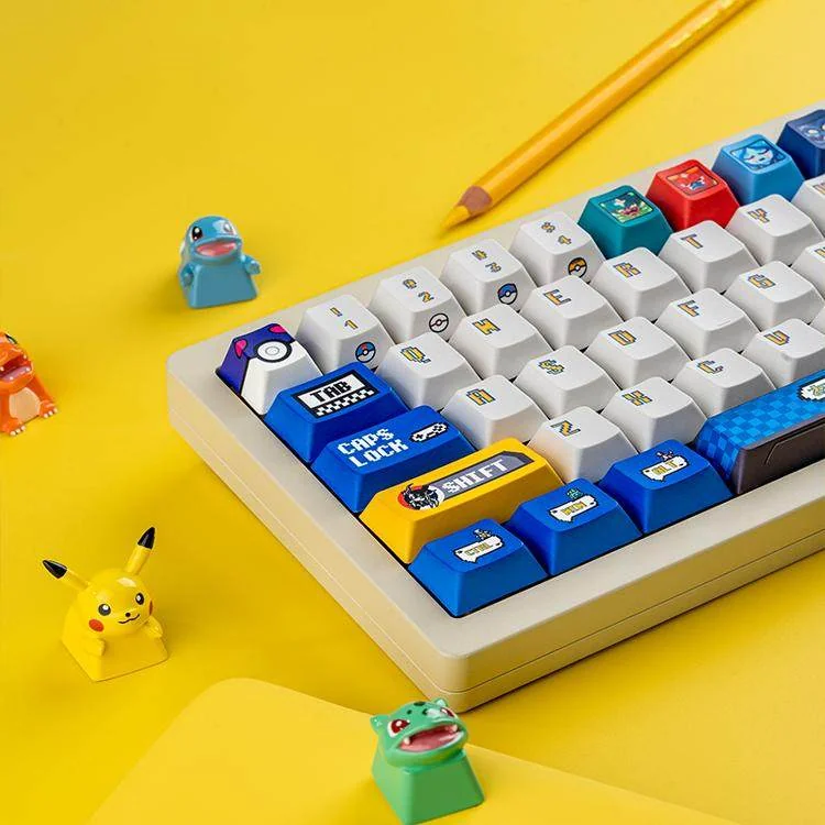 Close-up of Pokemon Pixel Art keycaps, highlighting dye-sublimation quality and Cherry profile