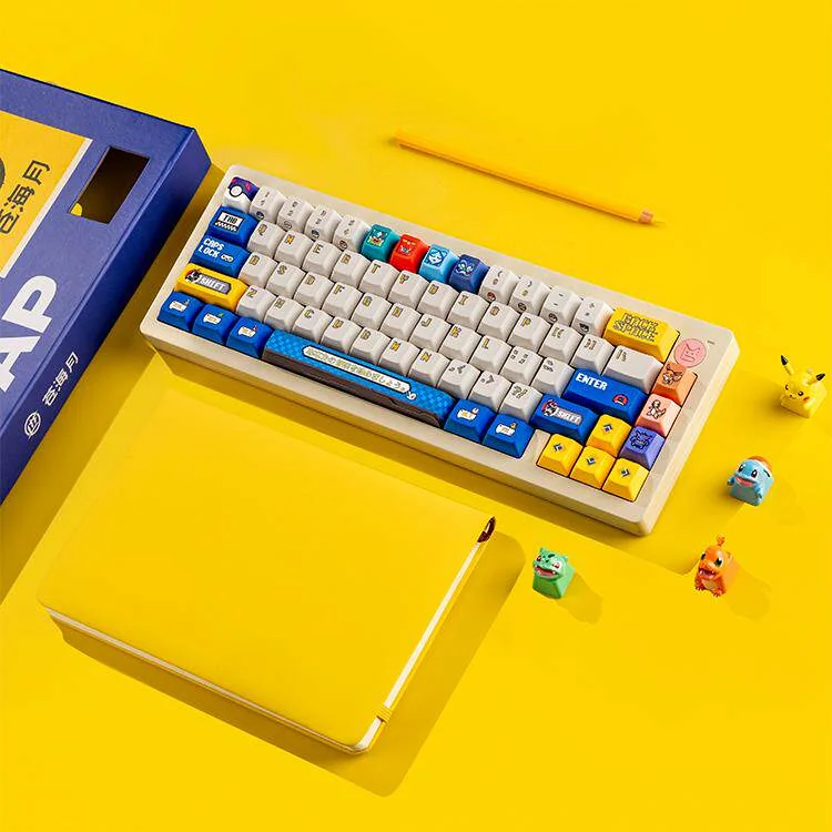 Pokemon Pixel Odyssey PBT Keycap Set on a mechanical keyboard, showcasing vibrant 8-bit characters