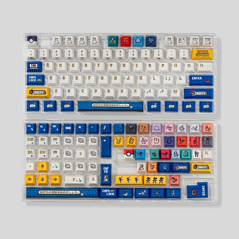 Angled view of the Pokemon Pixel Odyssey Keycap Set, arranged on a keyboard with subtle RGB lighting
