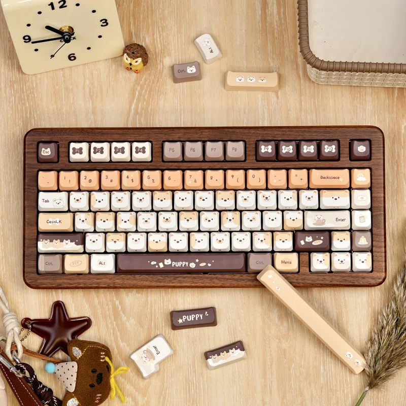 Full Puppy Squad PBT Keycap Set on a mechanical keyboard, showcasing vibrant cartoon characters.