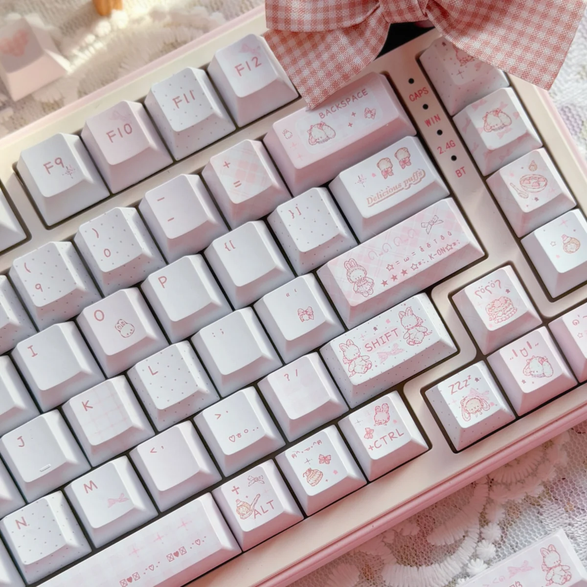 Side profile of Rabbit Bear Story Cherry Unique Rabbit Bear Story showing keycap set shape and fit