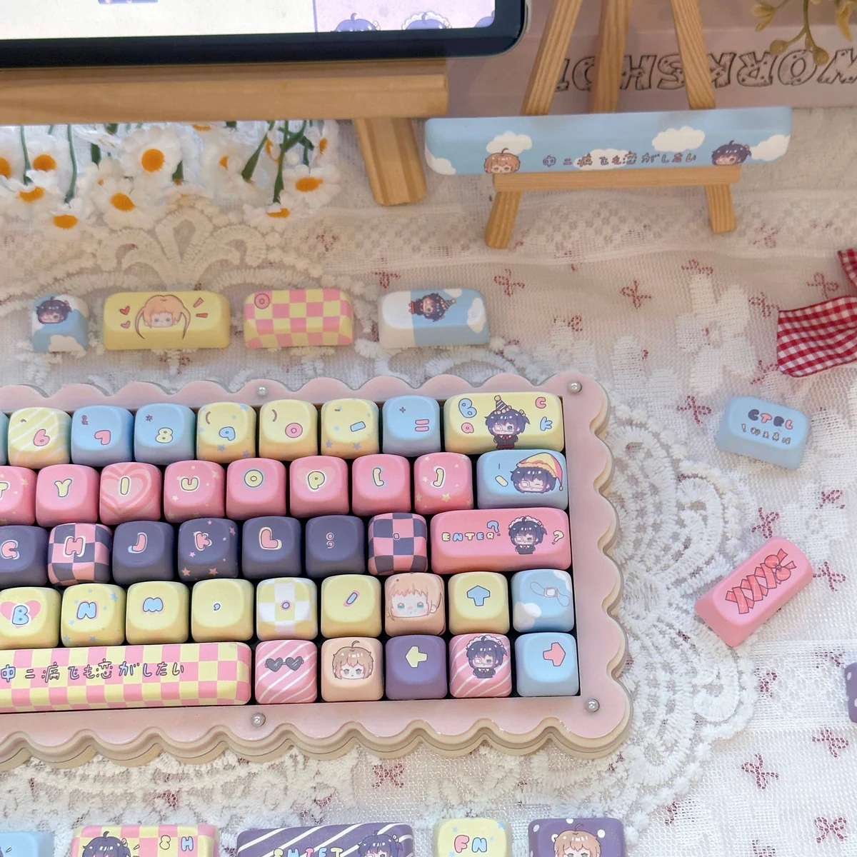 Close-up of Rikka Takanashi keycap with detailed dye-sublimated design and floral accents