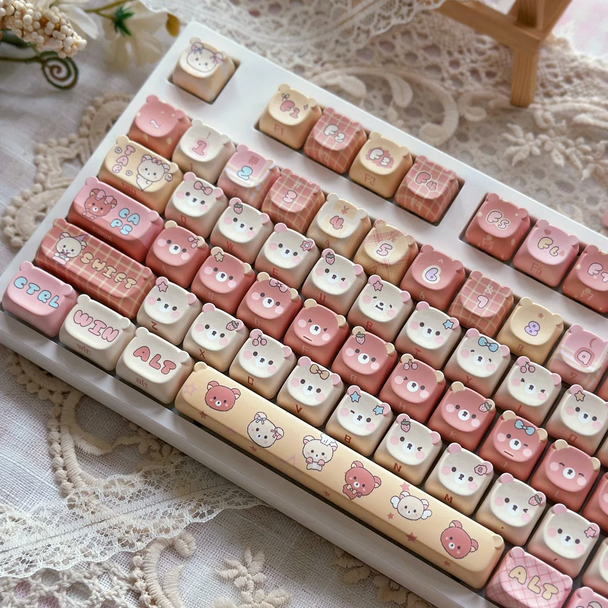 Detail of dye-sublimation quality on Rilakkuma and Kaoru character keycaps