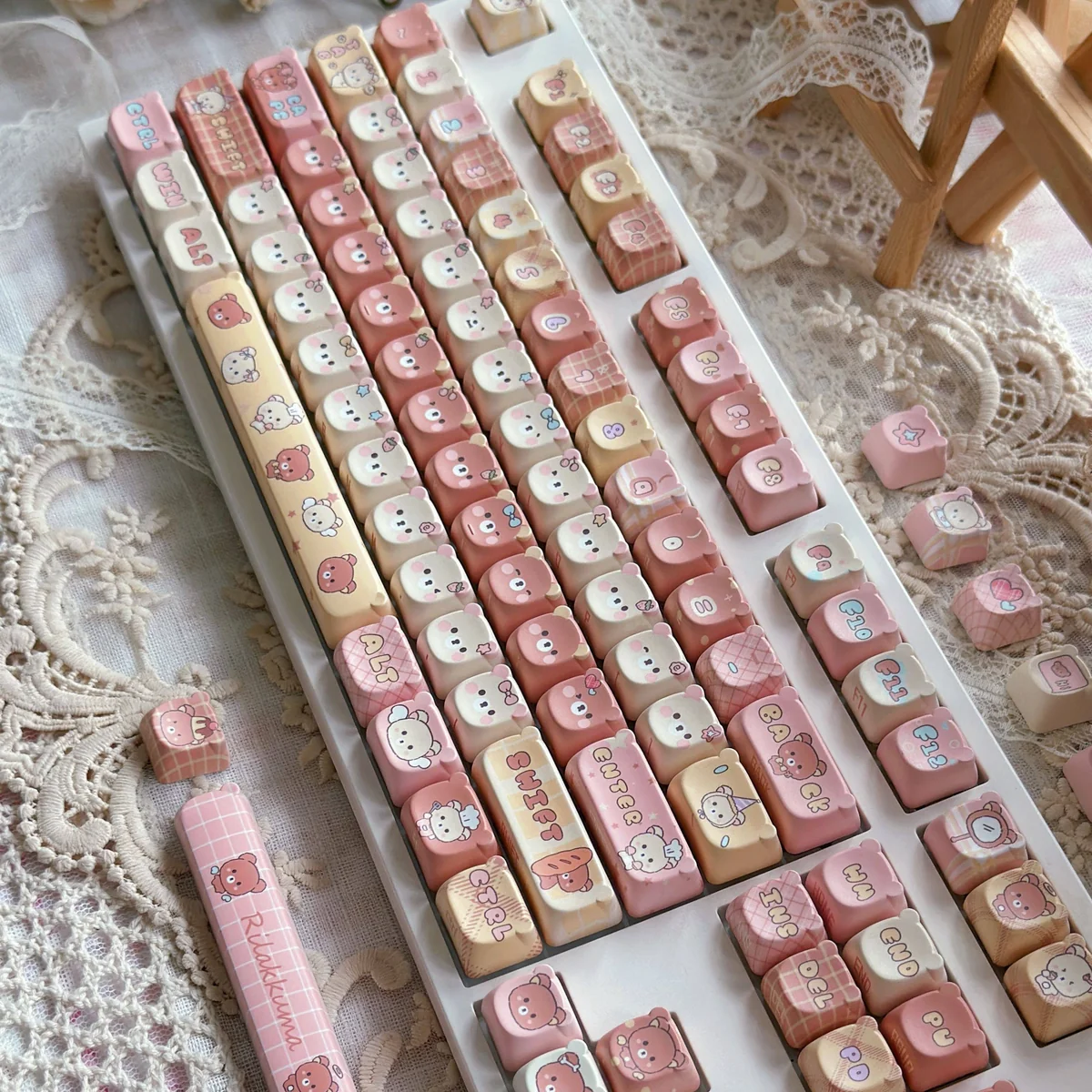 Rilakkuma Keycap Set arranged to show various keycap sizes and compatibility