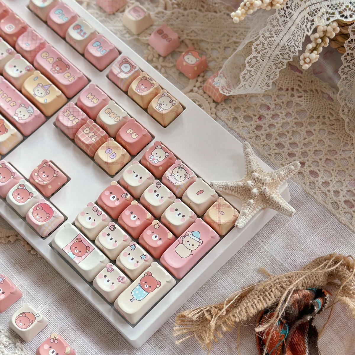 Close-up of Rilakkuma keycap designs with MOA profile and PBT texture