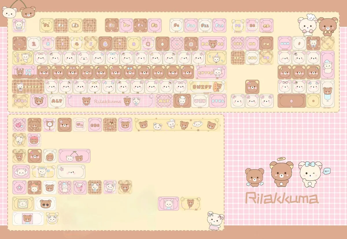 Overhead shot of the complete 130-key Rilakkuma PBT Dye-sublimation Keycap Set
