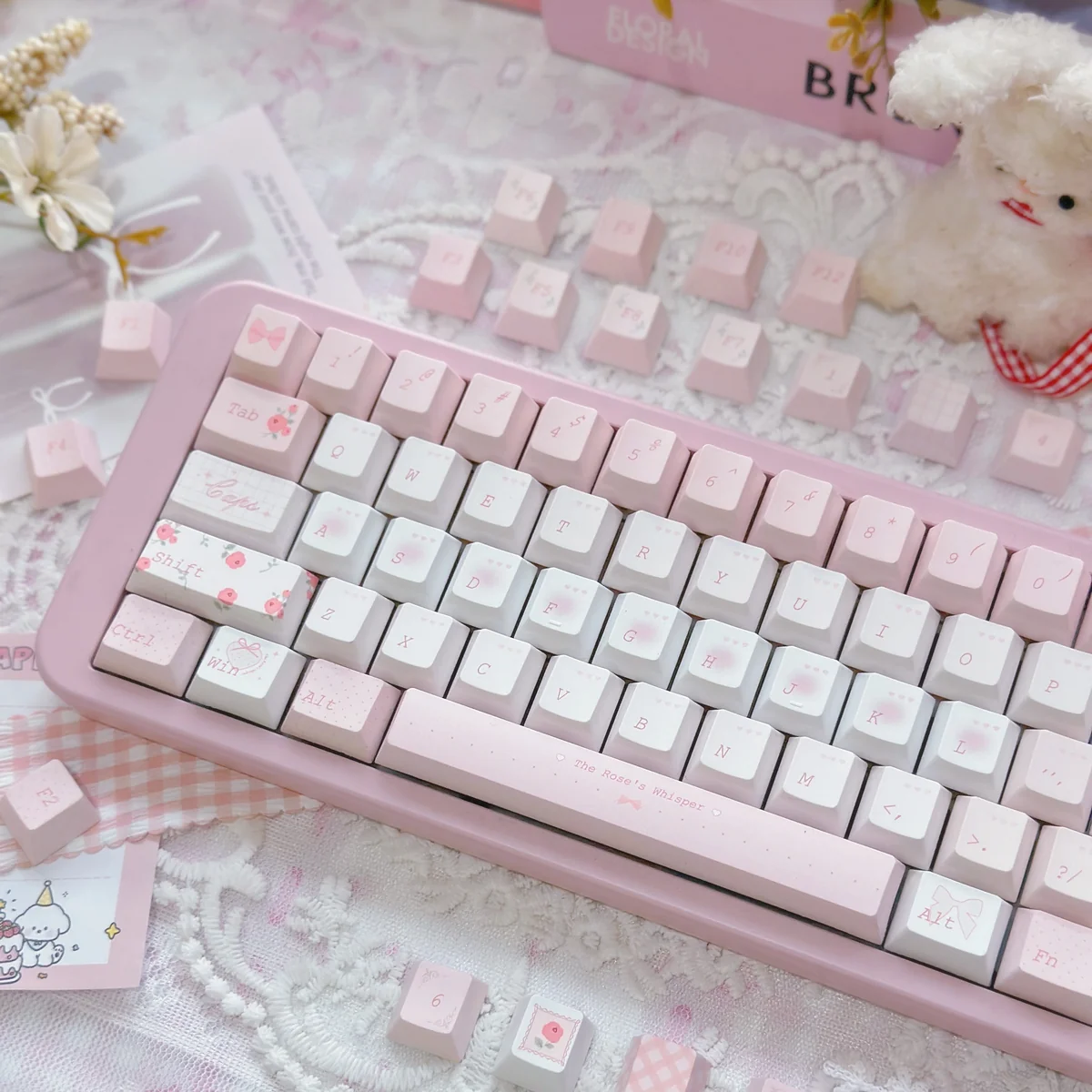 Side profile of Rose Whisper Cherry Keycap Exquisite Rose Whisper showing keycap set shape and fit