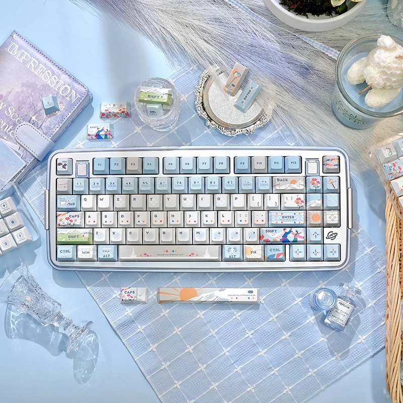 Sacred Mountain PBT Cherry Keycap Set on a keyboard, showcasing serene landscape art