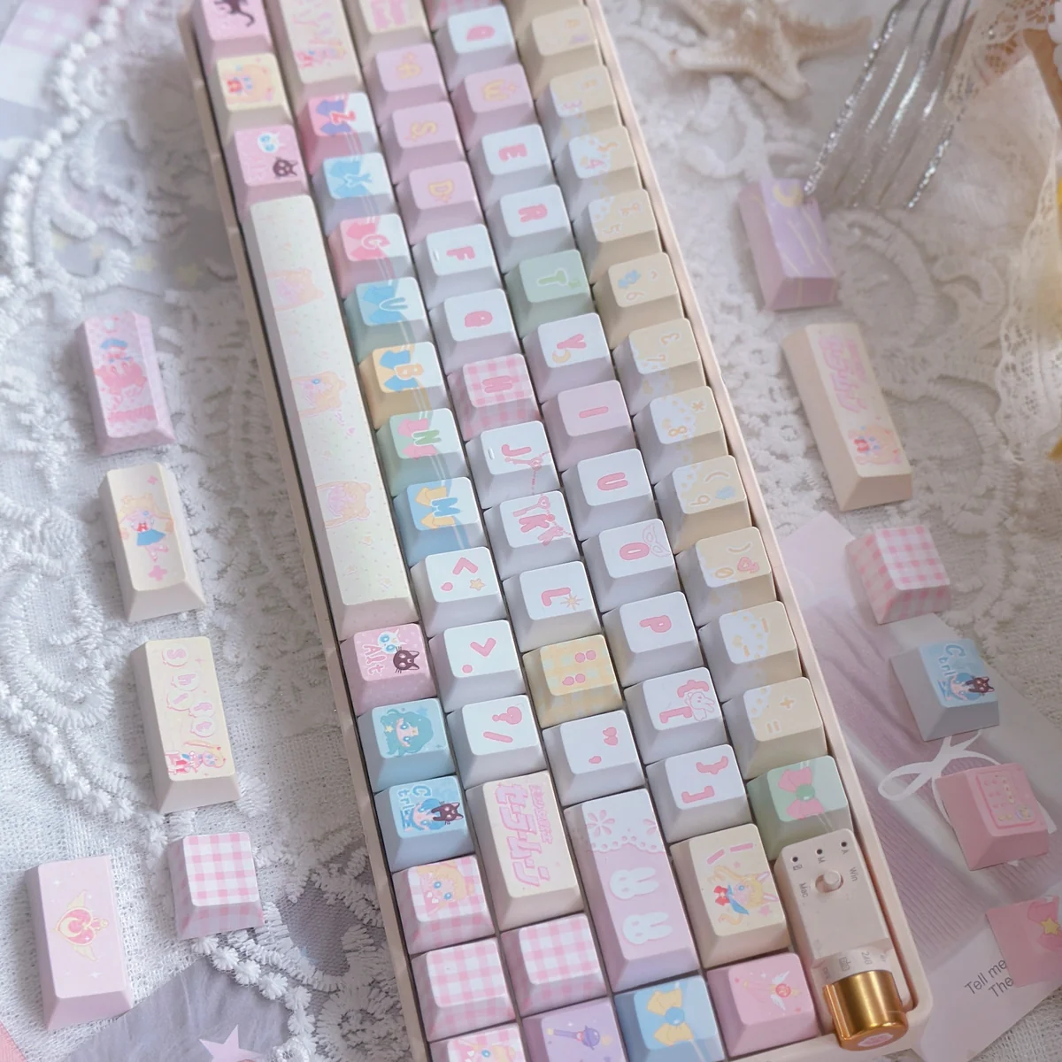 Side view of Sailor Moon Cherry profile keycaps, demonstrating their ergonomic shape and PBT texture.