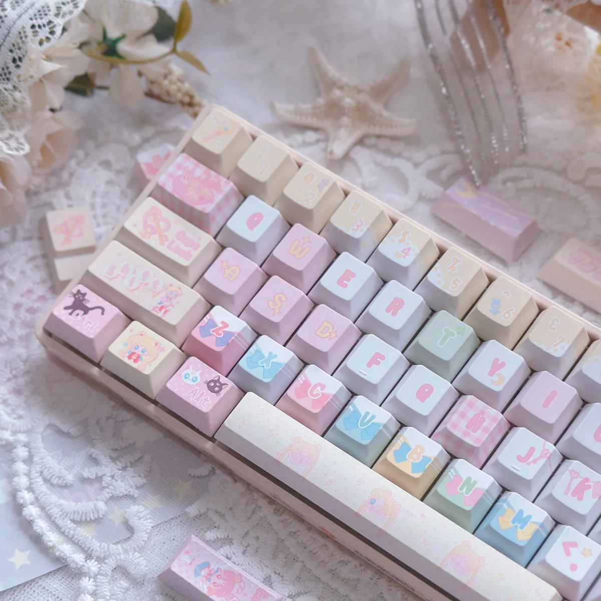 Close-up of Sailor Moon PBT Dye-Sub keycaps, highlighting the detailed character art and Cherry profile.