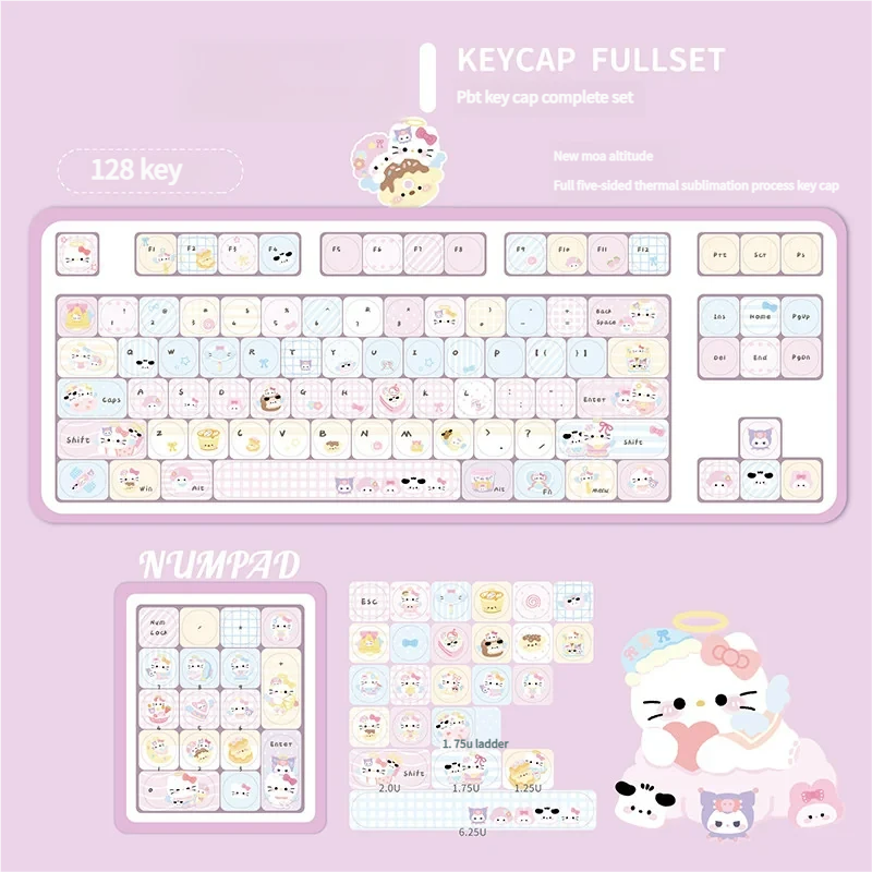 Overhead shot of the 128-key Sanrio set layout, demonstrating full compatibility.