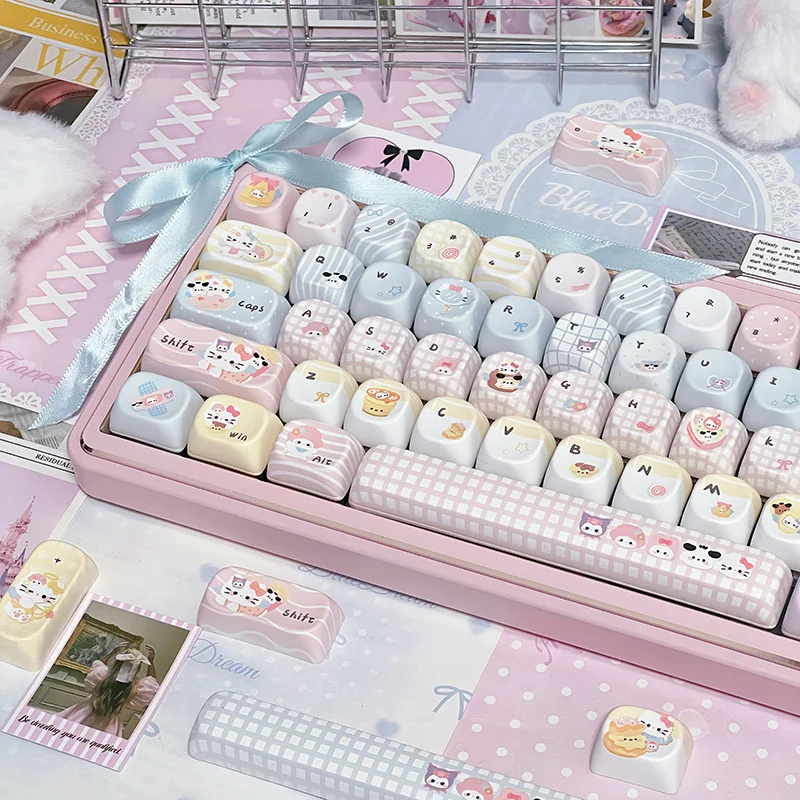 Close-up of Sanrio MOA profile keycaps showing vibrant dye-sublimation details.