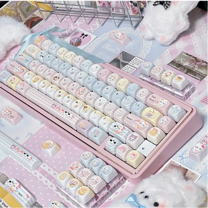 Full Sanrio PBT Keycap Set with Hello Kitty, My Melody, and friends on a mechanical keyboard.