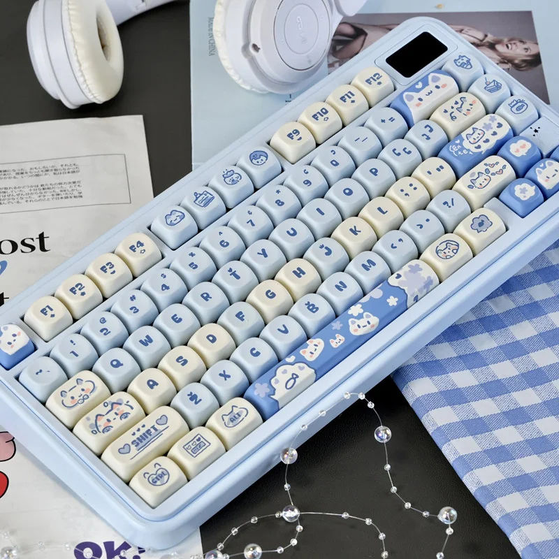 Sea Salt Cat Keycap Set on a mechanical keyboard, showing full layout.