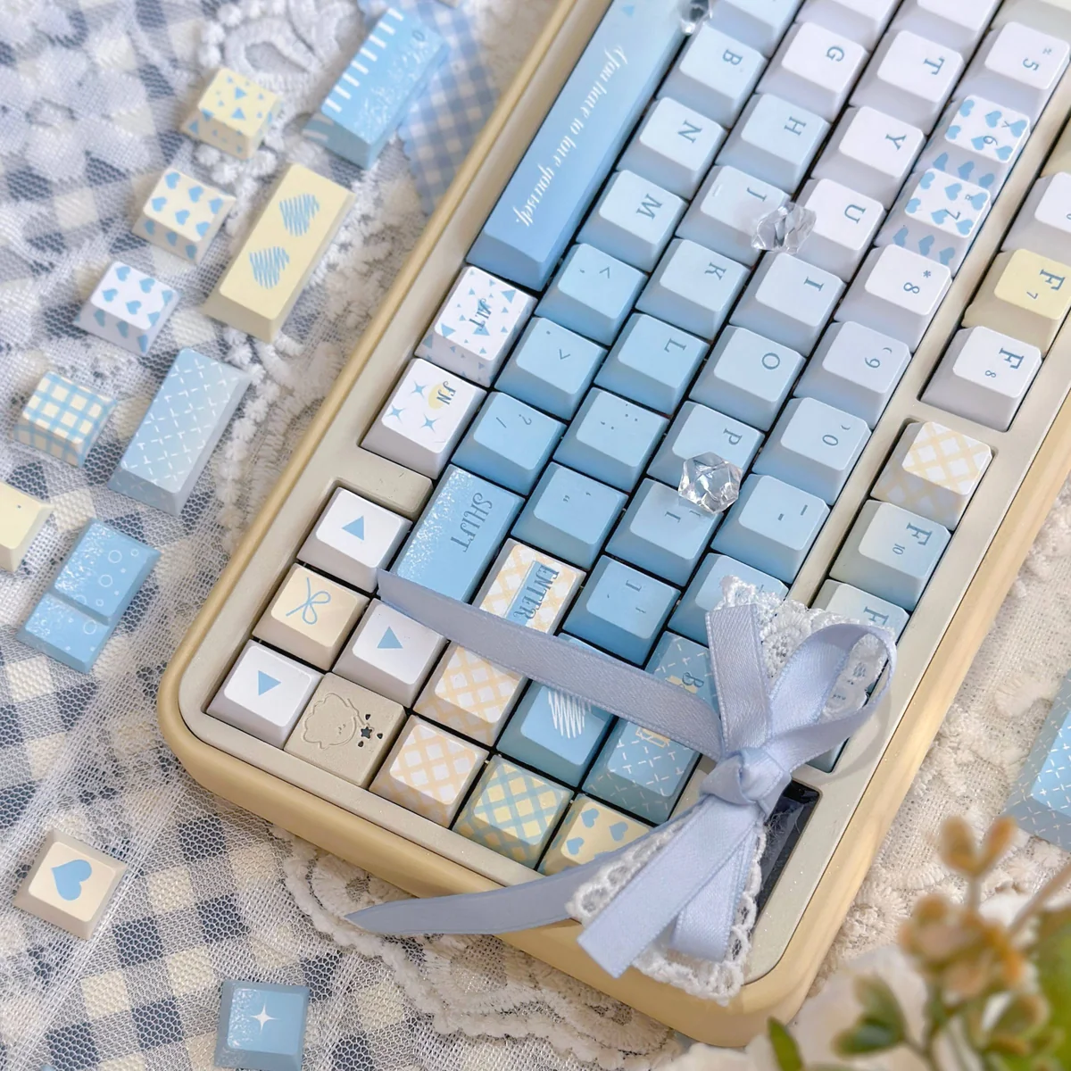 Close-up of Seven Parts Blue keycaps showcasing dye-sub legends