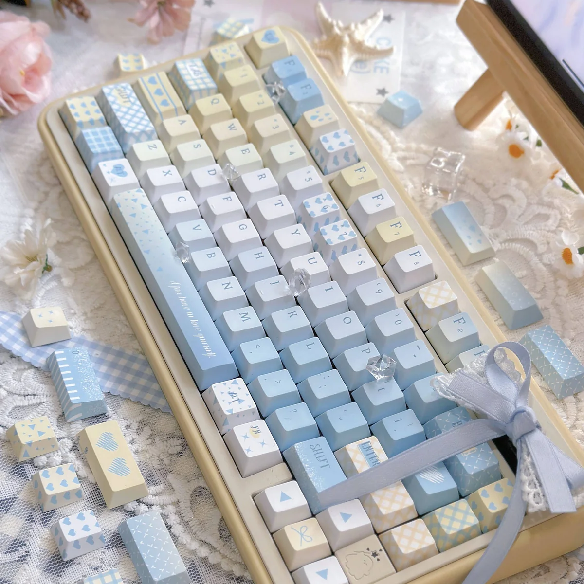 Seven Parts Blue PBT Cherry Profile Keycap Set on a mechanical keyboard
