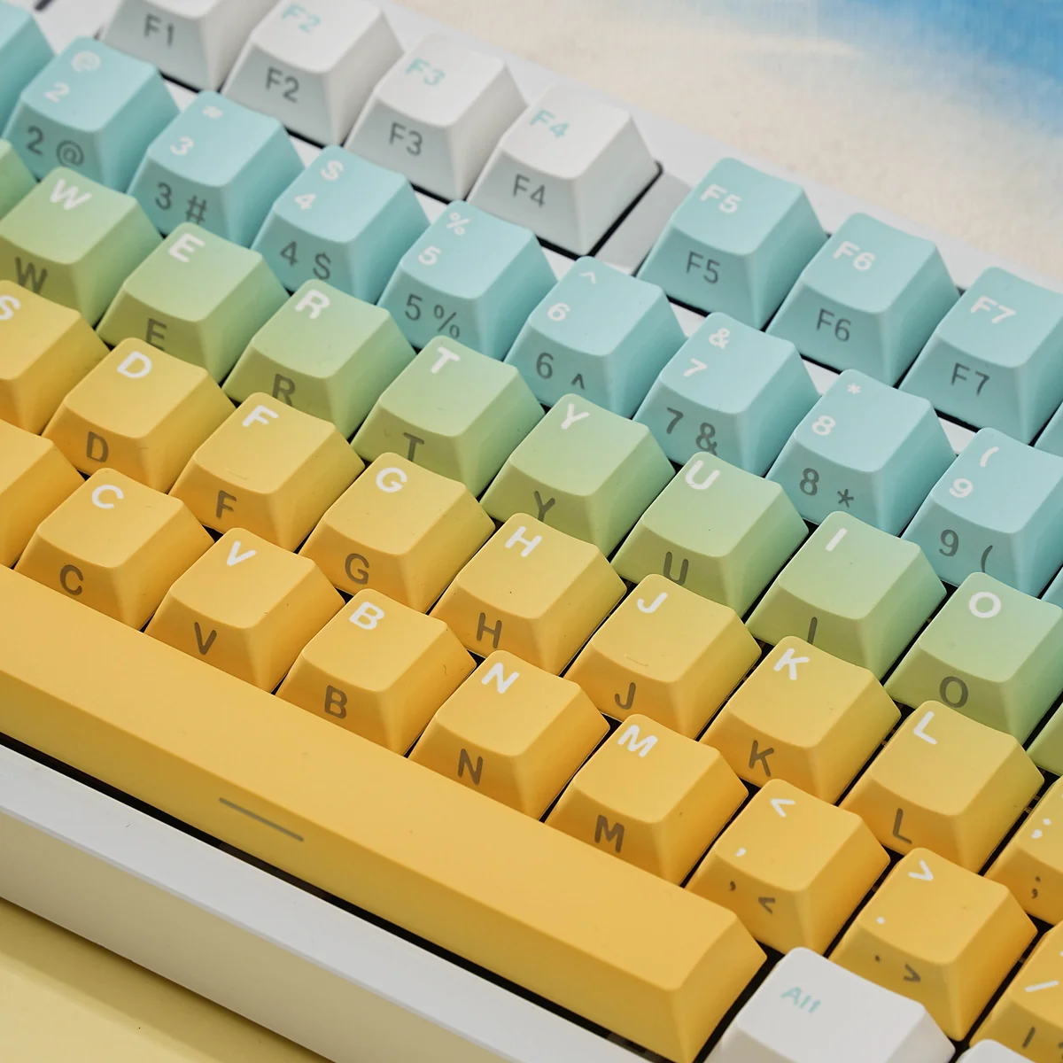 Close-up of Shallow Dream keycaps showing pastel colors and dye-sublimated legends