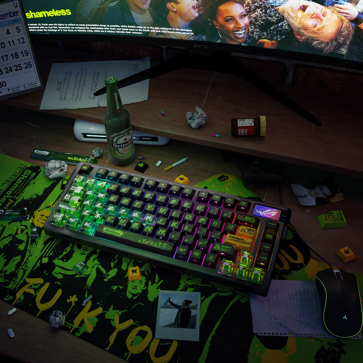 Full view of keyboard featuring Shameless side-engraved translucent keycap set
