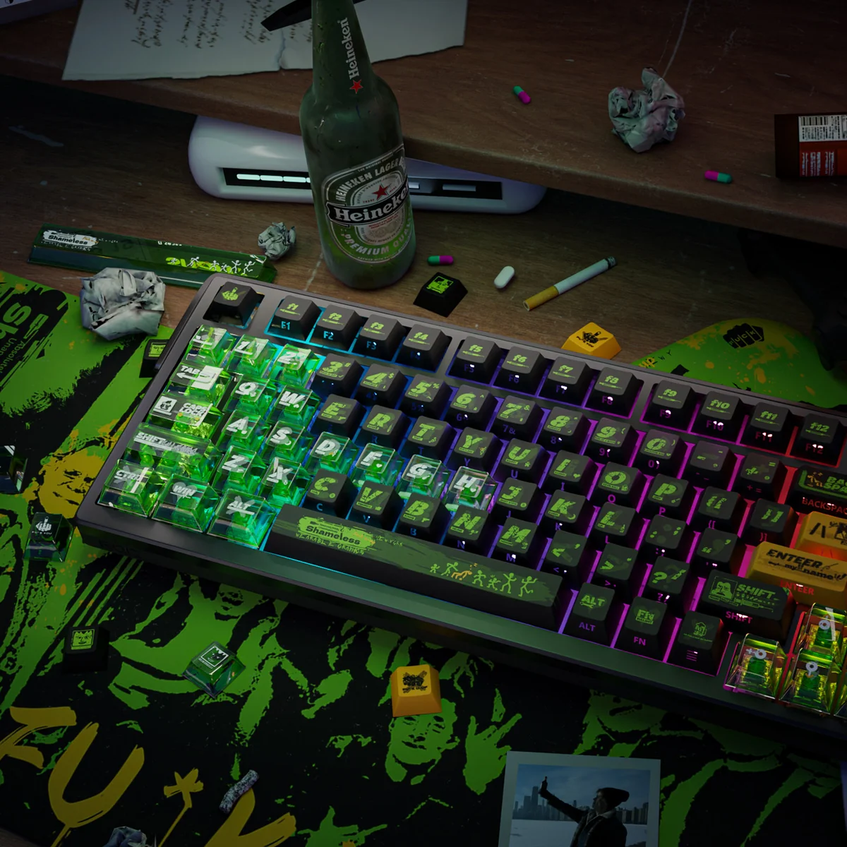 Shameless Cherry profile keycaps illuminated by RGB backlight