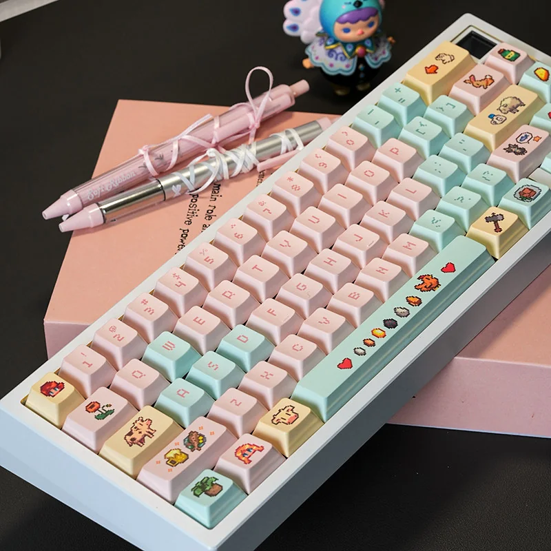 Stardew Valley PBT Keycap Set with full keyboard layout, featuring pixel art characters and items