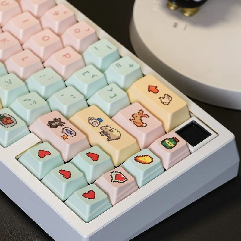 Stardew Valley keycap set arranged to demonstrate compatibility with various keyboard layouts