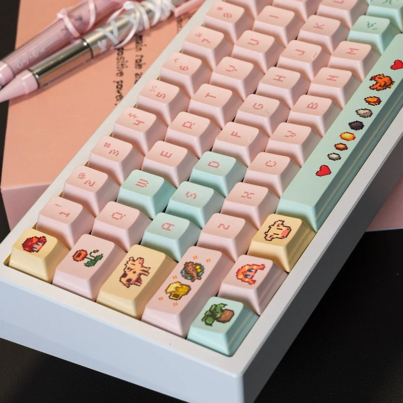 Texture shot of a single Stardew Valley PBT keycap, showing matte finish and dye-sublimated legend