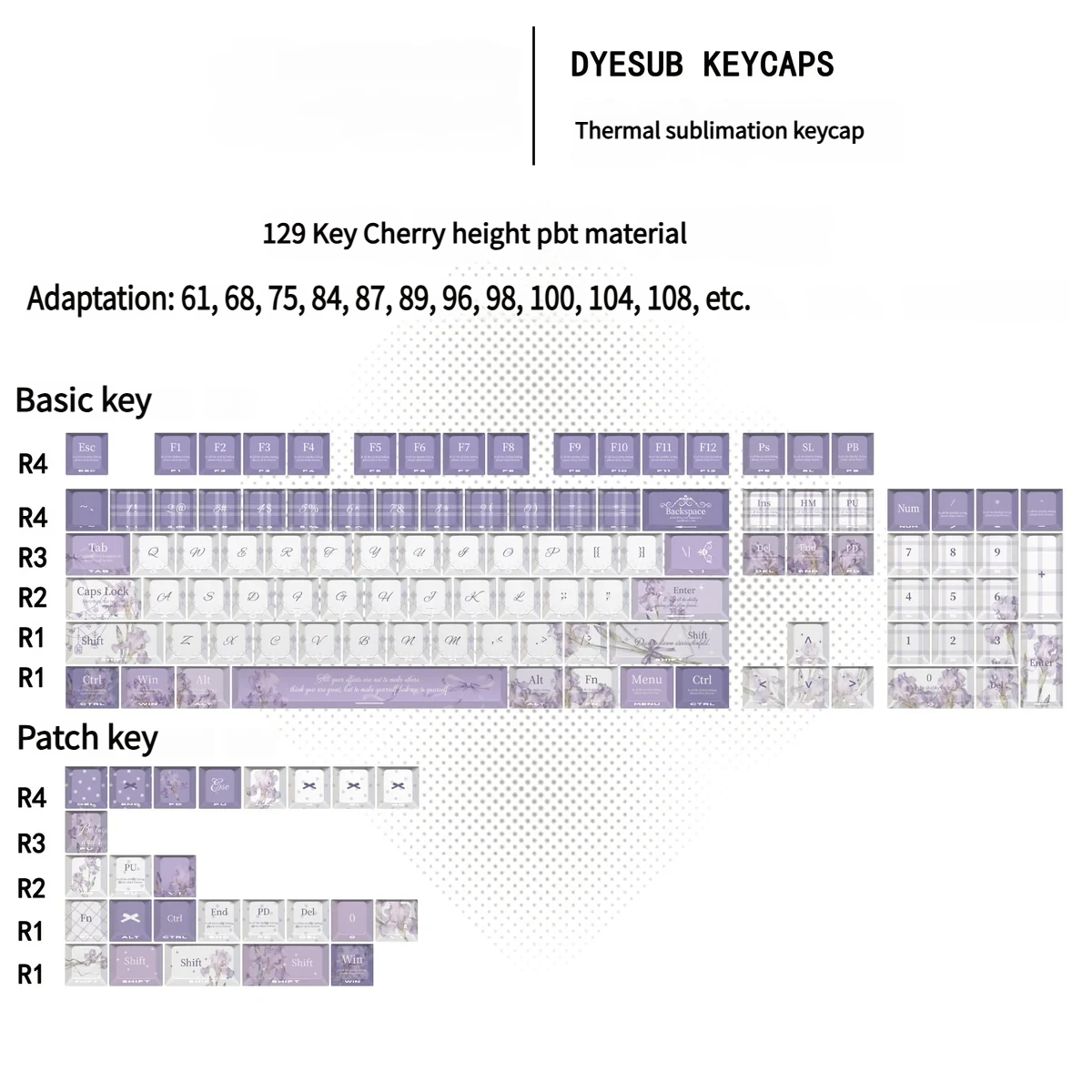 Angle view of Stylish Iris Cherry Keycap Artistic Iris Dye-Sub showing color layering and layout presence