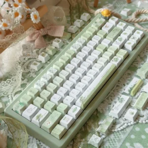 Summer Rain PBT Keycap Set on a white mechanical keyboard, showcasing tranquil gradient designs.