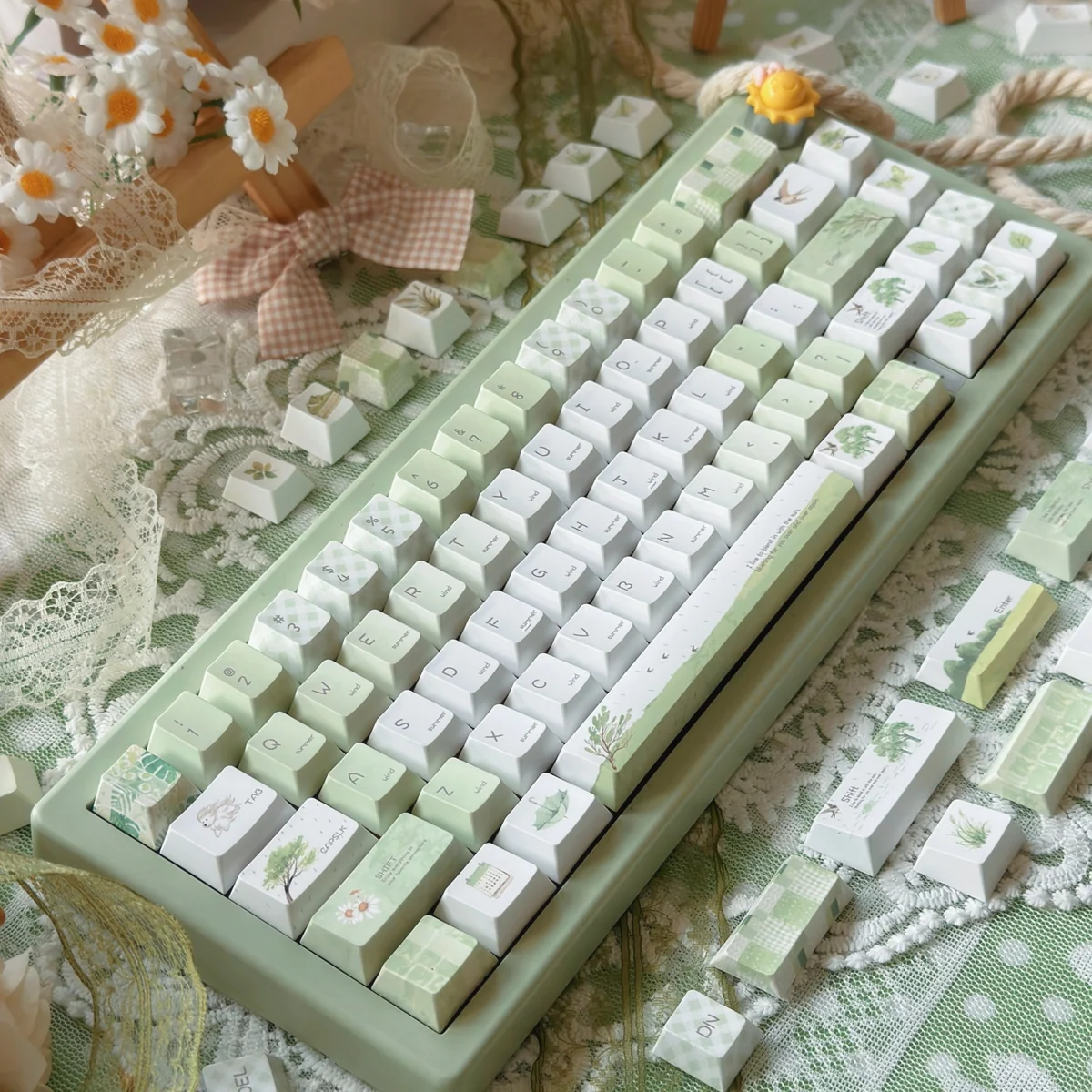 Summer Rain PBT Keycap Set on a white mechanical keyboard, showcasing tranquil gradient designs.