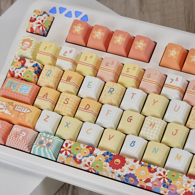 Close-up of Sunflower PBT keycaps from a typing angle, highlighting Cherry profile and dye-sublimated details.