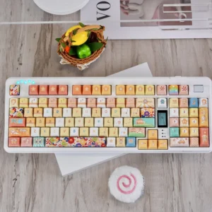 Full Cheerful Sunflower PBT Keycap Set on a white mechanical keyboard, showcasing vibrant yellow and green colors.