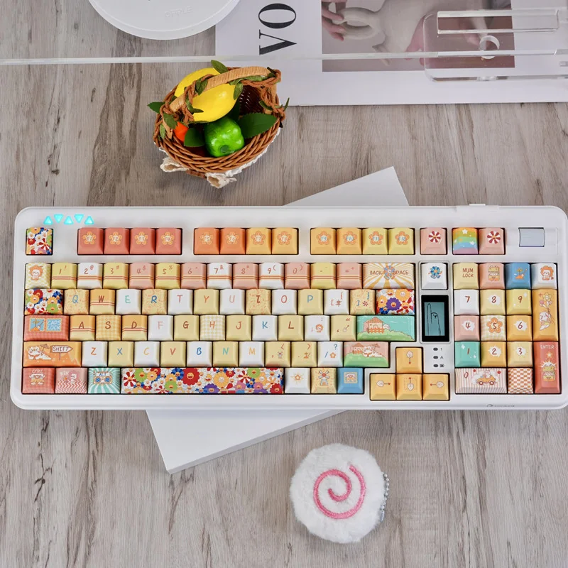 Full Cheerful Sunflower PBT Keycap Set on a white mechanical keyboard, showcasing vibrant yellow and green colors.
