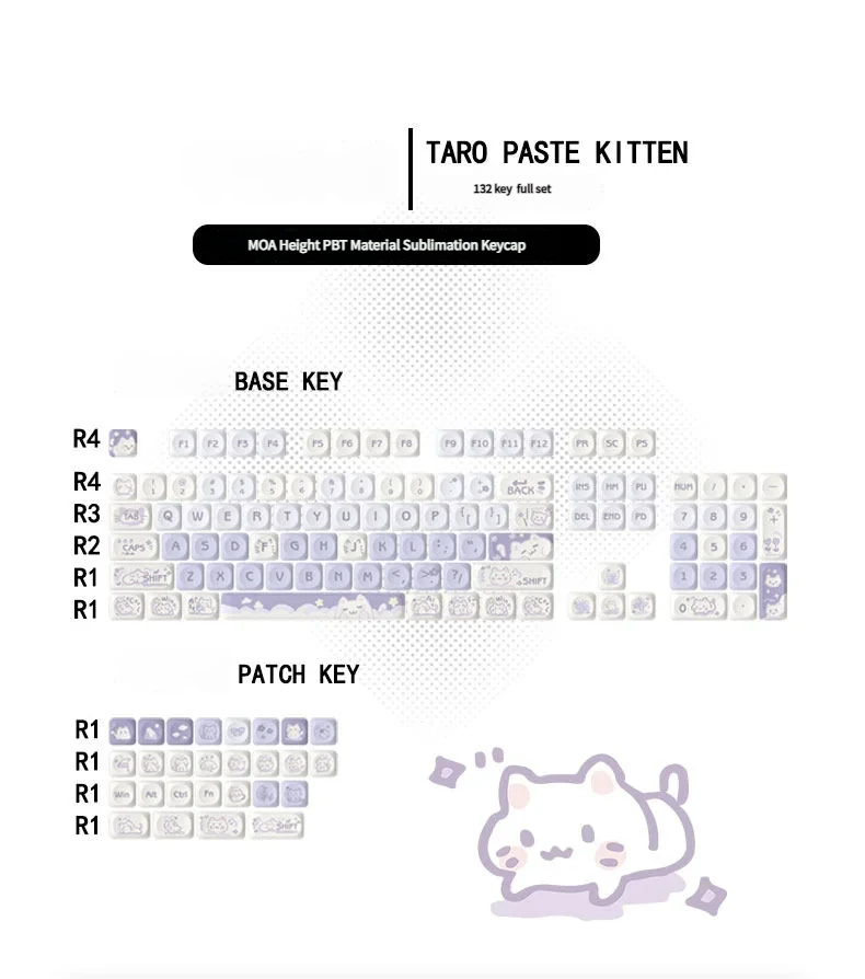 Angle view of Taro Paste Kitten MOA Adorable PBT dye-sub MOA showing color layering and layout presence