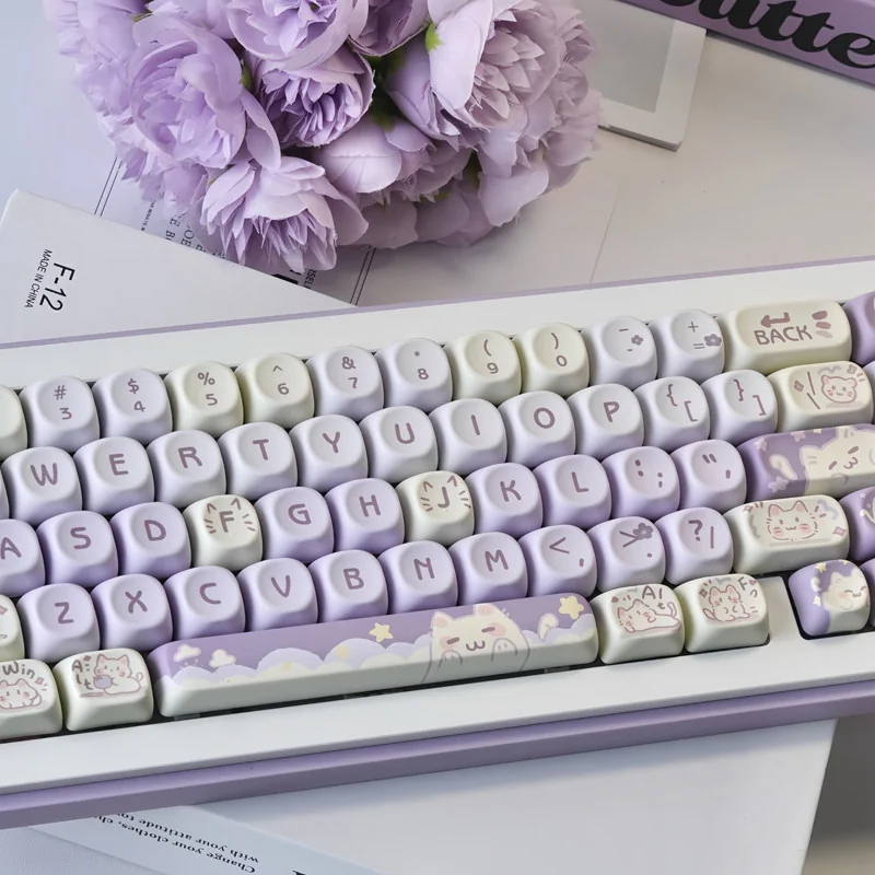 Taro Paste Kitten MOA Adorable PBT dye-sub MOA installed on a mechanical keyboard setup