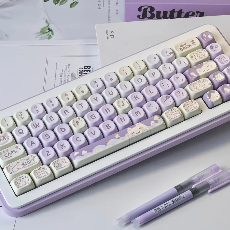 Taro Paste Kitten MOA Adorable PBT dye-sub MOA hero image featuring Taro Paste Kitten Keycap Set